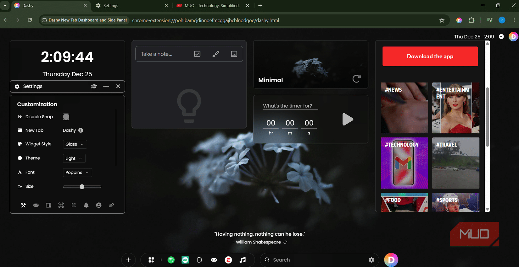 Opzioni di personalizzazione Dashy in Chrome