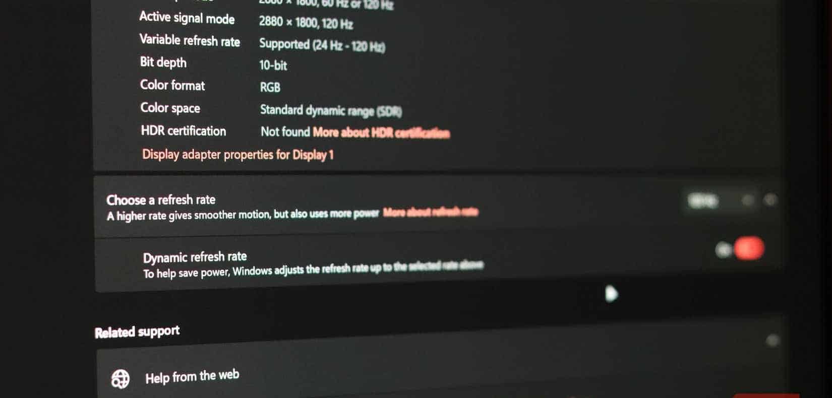 Impostazione della frequenza di aggiornamento dinamica in Windows 11.
