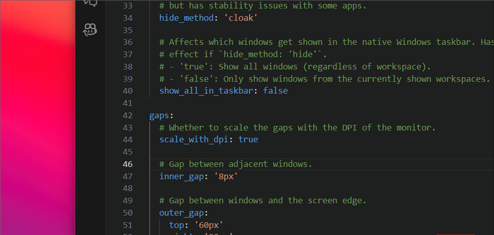 Modifica del file YAML di configurazione GlazeWM in Visual Studio