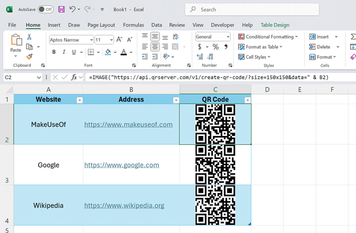 使用 IMAGE 函數顯示網站二維碼的 Excel 表格。