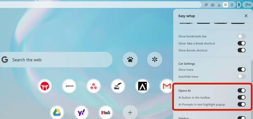 Opera Air 設定中的 Opera AI 開關。