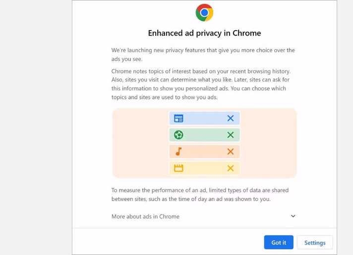Avviso sulla privacy sandbox su Chrome.
