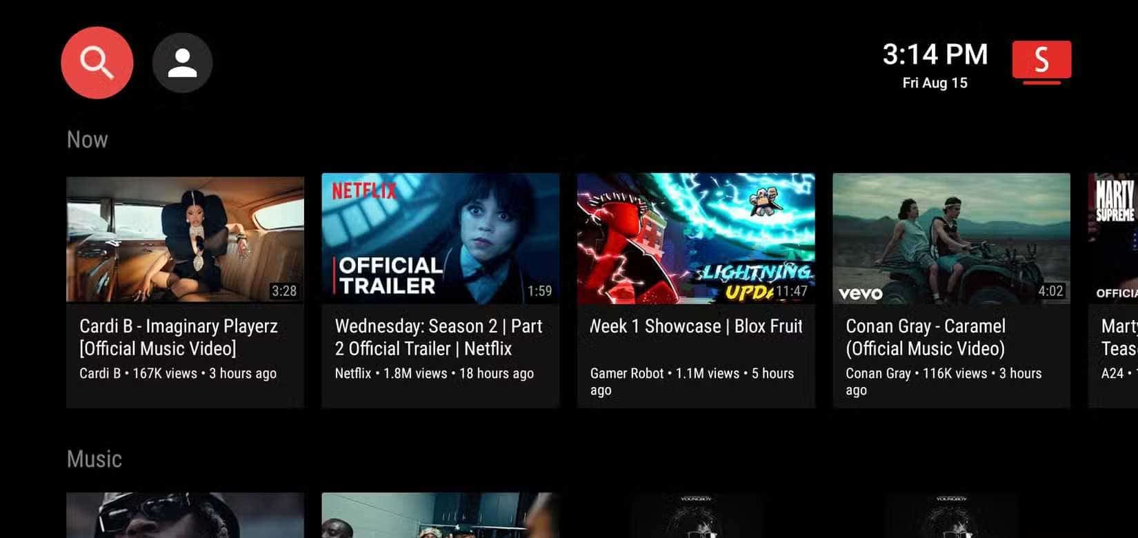 TV'deki SmartTube uygulamasının ana sayfası.