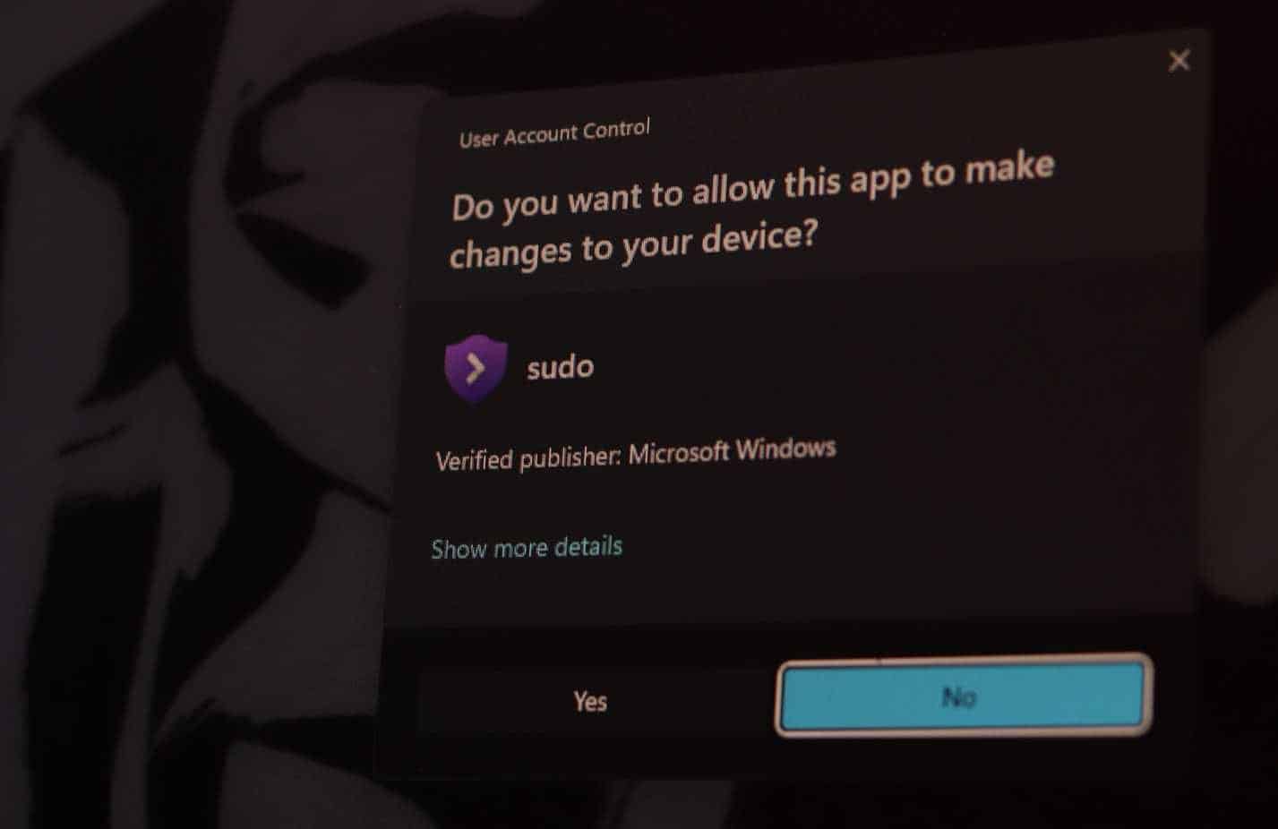 Windows 11 上的 sudo UAC 提示。