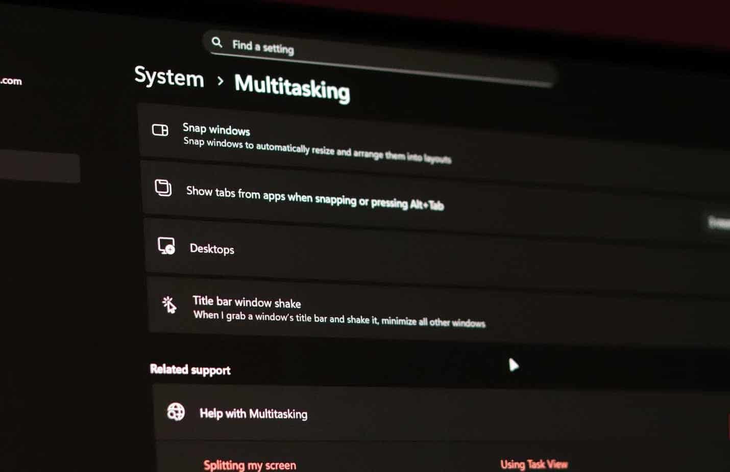 Impostazione di vibrazione della barra del titolo in Windows 11.