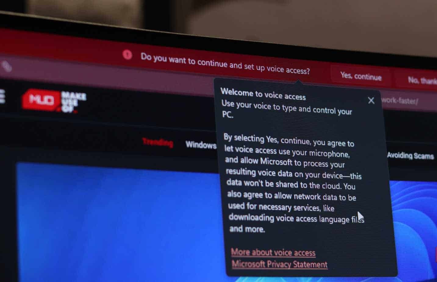 Accesso vocale in esecuzione su Windows 11.