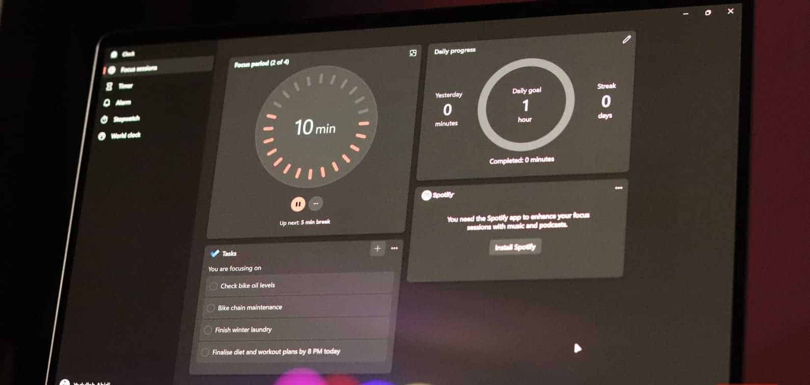 Pagina della sessione Focus di Windows 11.