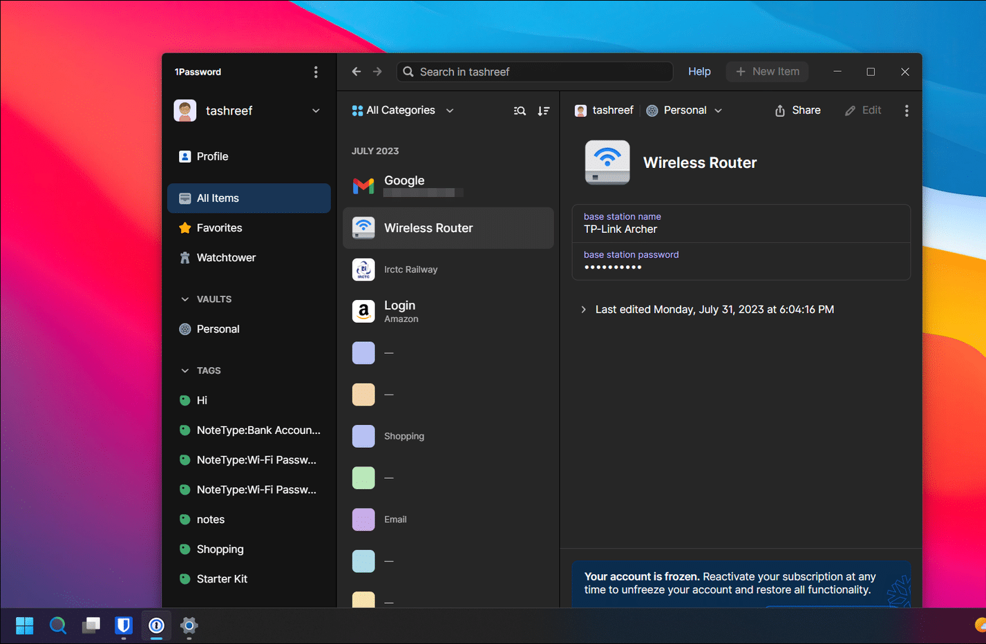 واجهة 1Password All Items على Windows 11