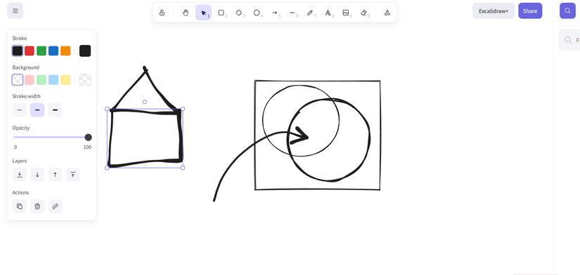 Casa, pianta di Venn e freccia in Excalidraw.