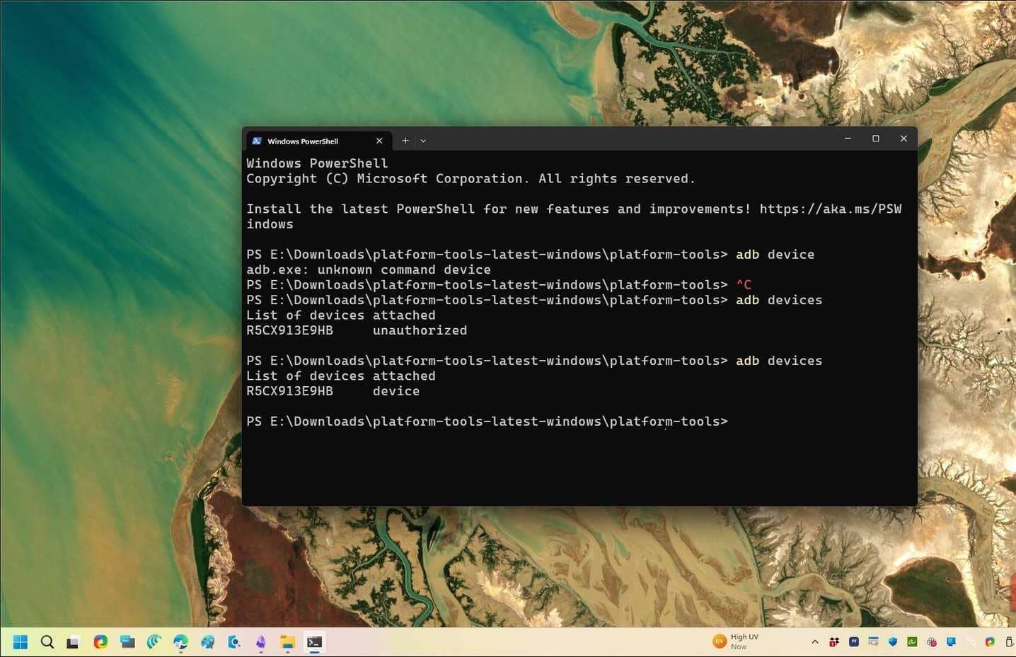 Comando dispositivi ADB in esecuzione sul terminale Windows 11