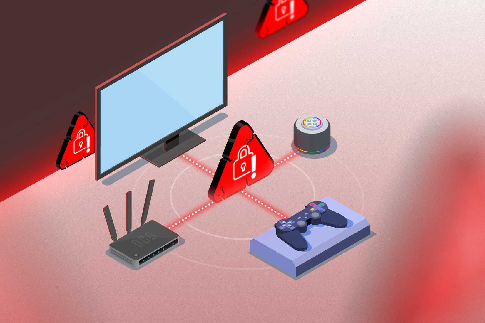 Illustrazione di una TV, un router, una console per videogiochi e un altoparlante con un avviso di vulnerabilità.