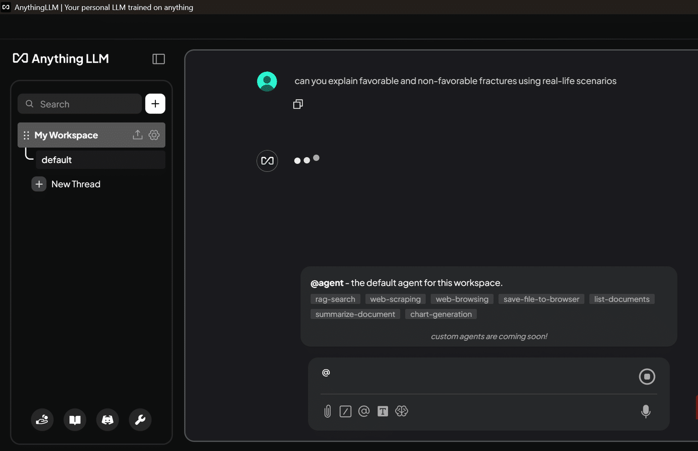 L'interfaccia della chat AnythingLLM visualizza un prompt @agent attivo.