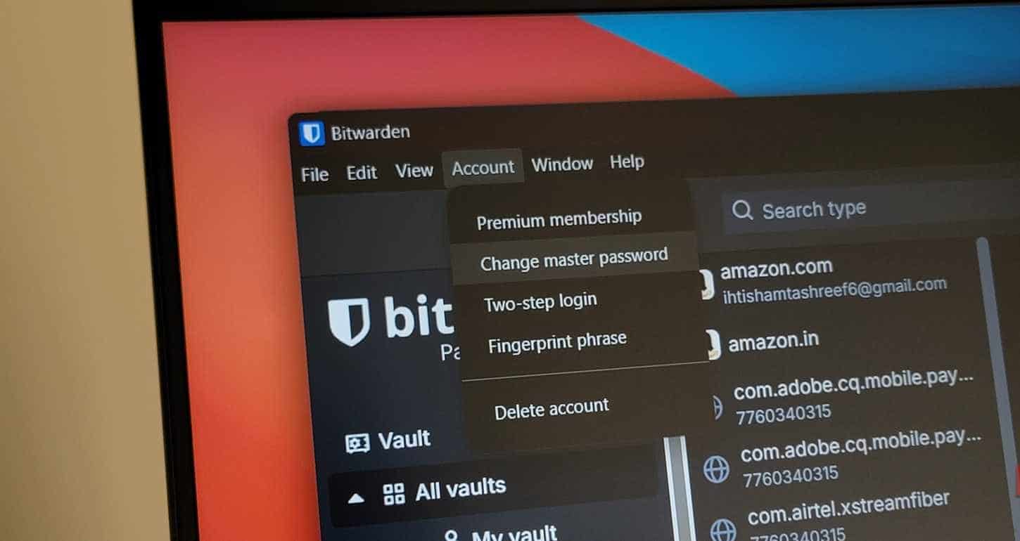Bitwarden Account menu open on Windows 11