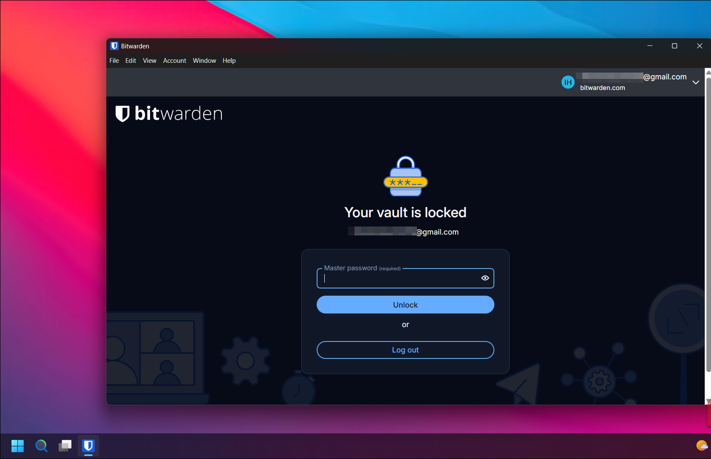 La finestra del vault di Bitwarden è bloccata su Windows 11.