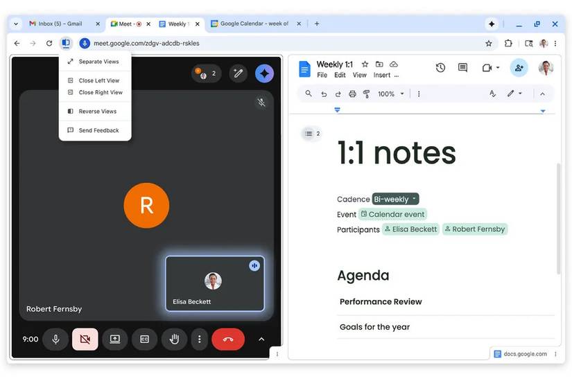 Una scheda di Chrome in visualizzazione a schermo diviso, con Google Meet a sinistra e Google Docs a destra.