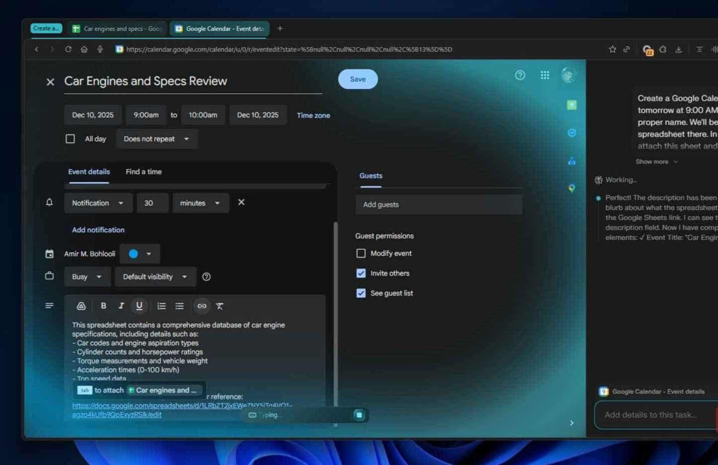 Comet 建立 Google 日曆事件