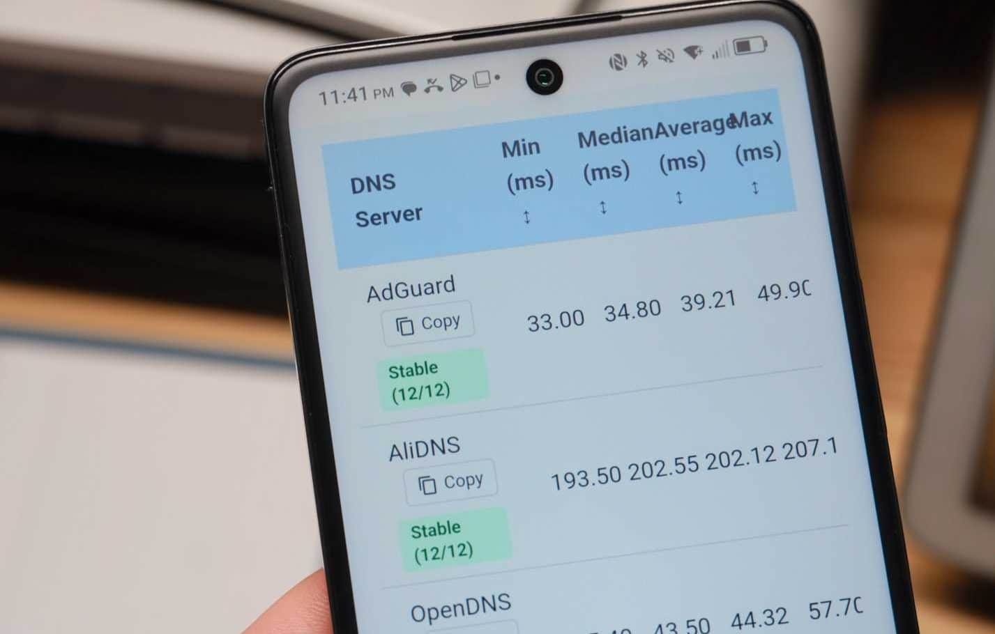 La partie supérieure des résultats du test de vitesse DNS.