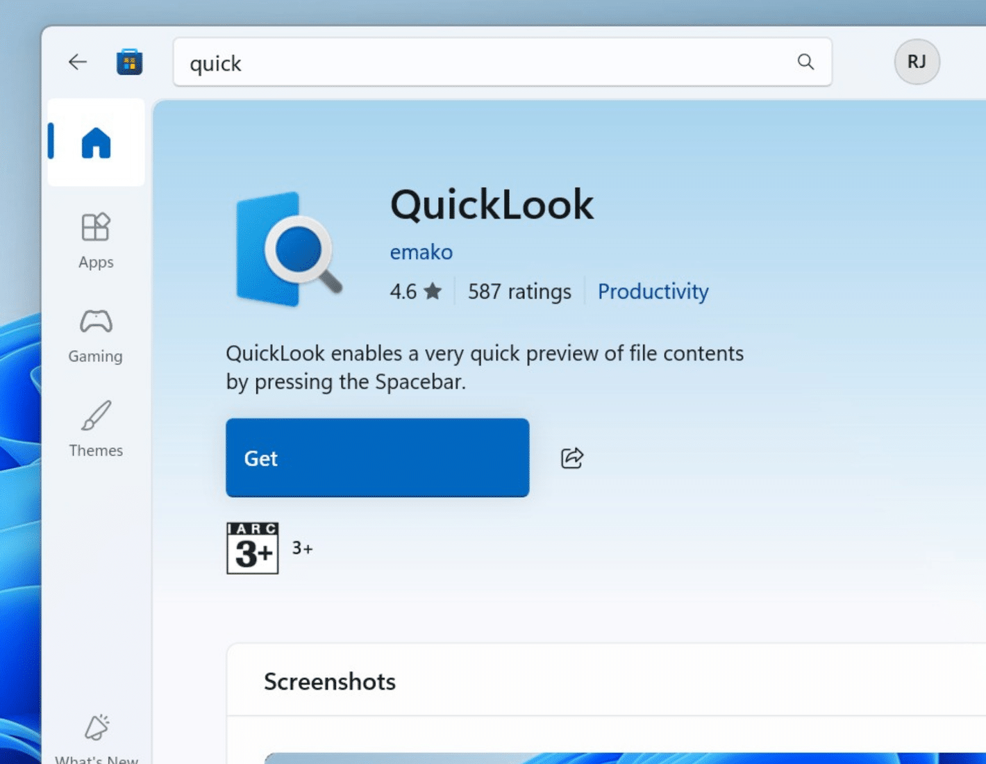 Scaricare QuickLook da Microsoft Store su Windows