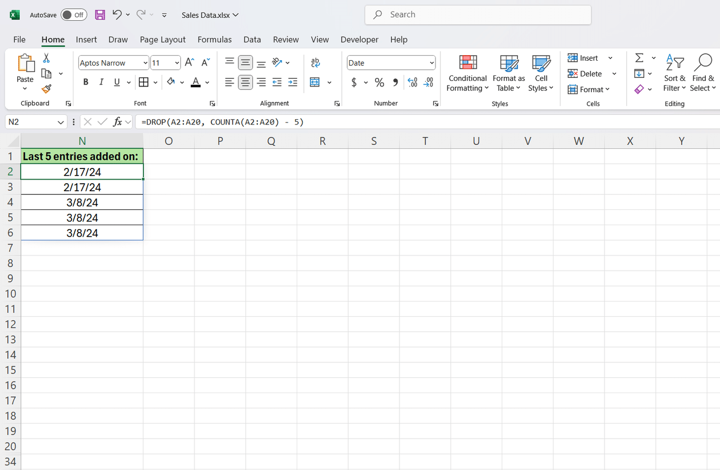 Funkcje DROP i COUNTA pokazujące 5 ostatnich wpisów sprzedaży w programie Excel.