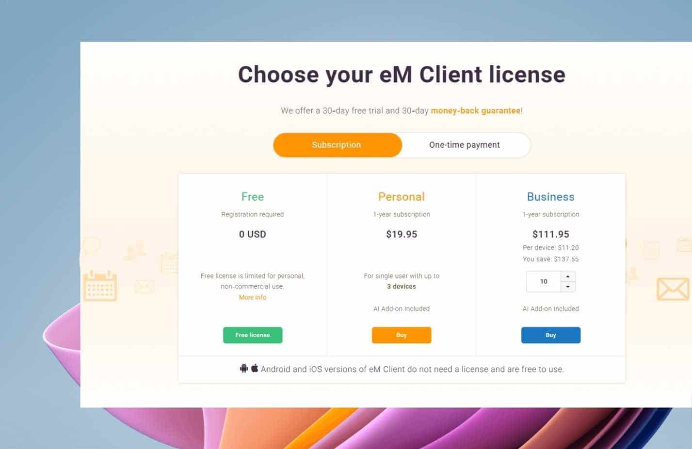 eM Client subscription cost