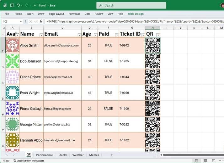 Eine Excel-Tabelle mit QR-Codes und Gravatar-Bildern