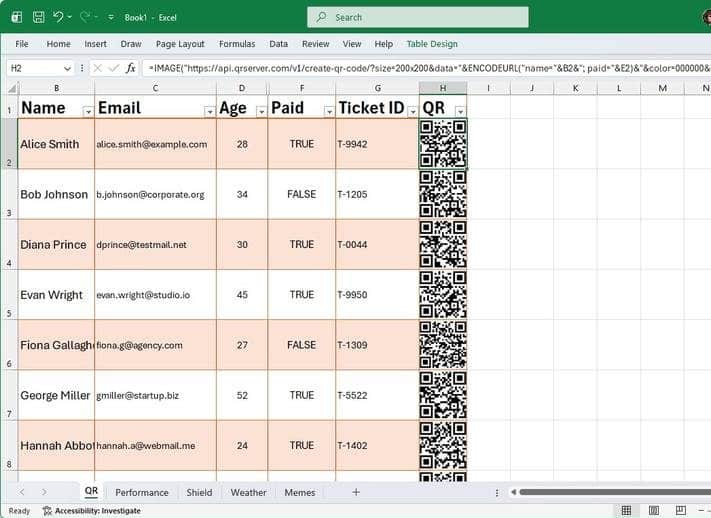 Excel-Tabelle mit QR-Codes