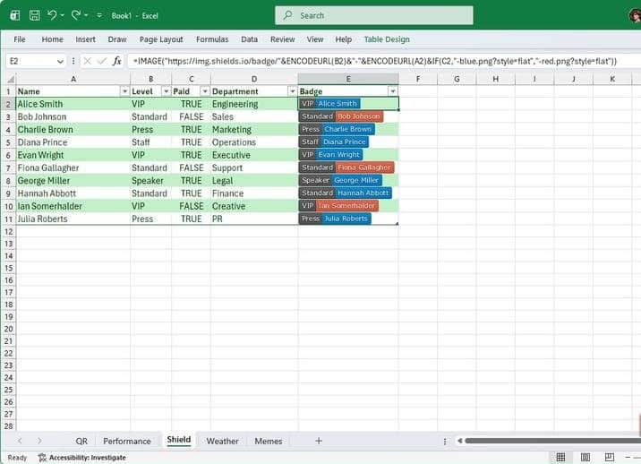 Excel-Tabelle mit shields.io-Abzeichen