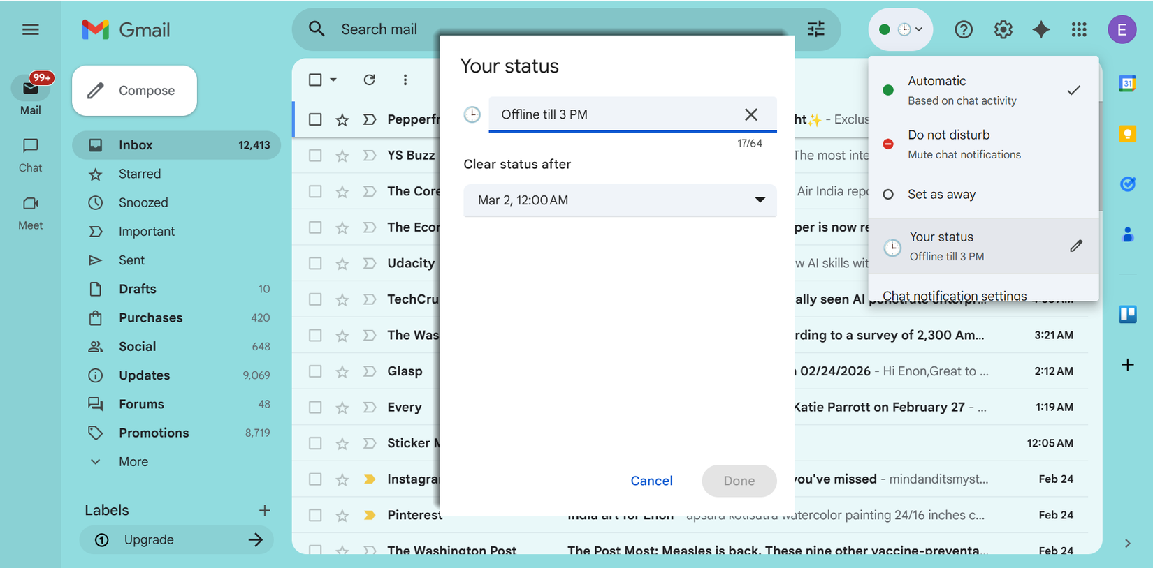 透過聊天設定您的 Gmail 聊天狀態。