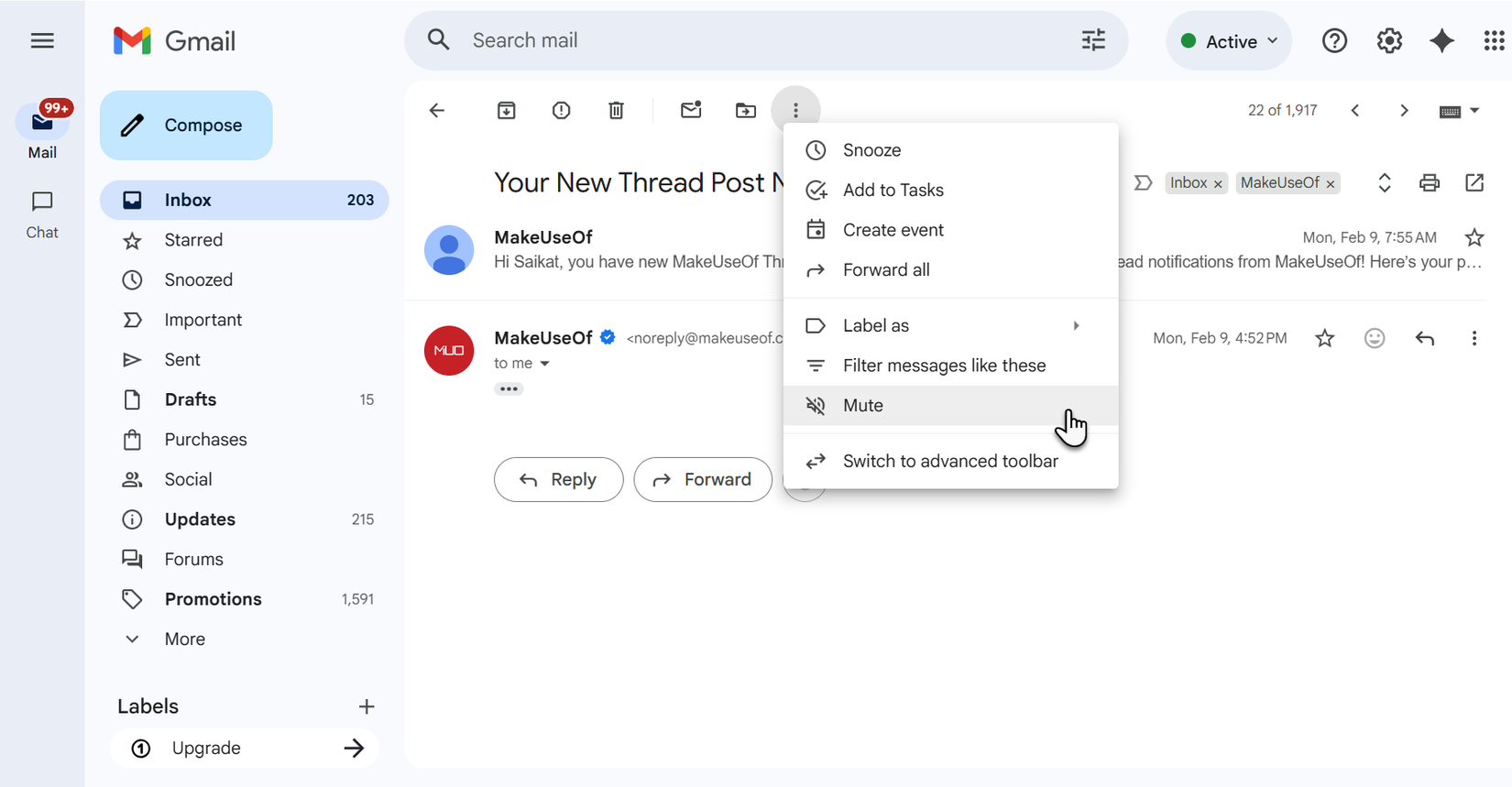 Gmail 的靜音功能。