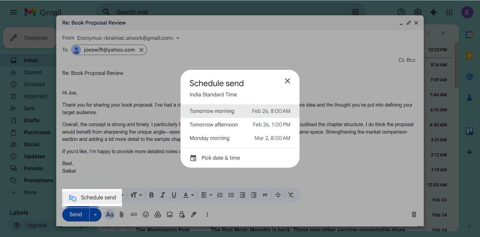 在 Gmail 中安排回覆。