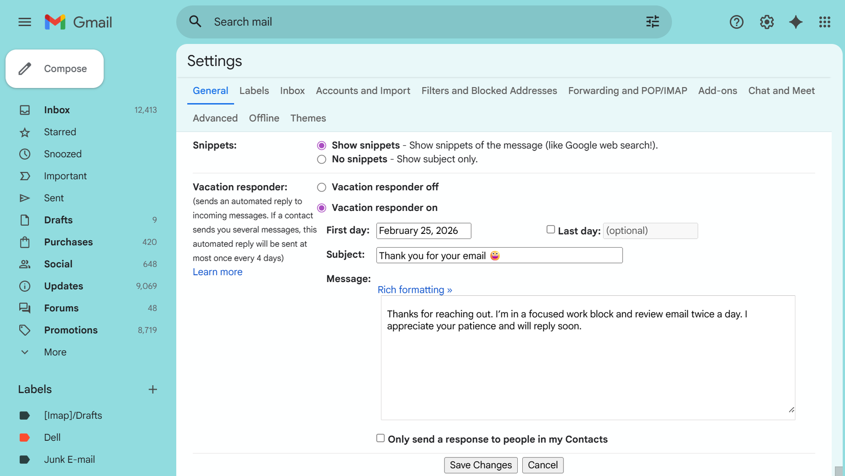 Gmail的假期自動回覆功能,附帶訊息。