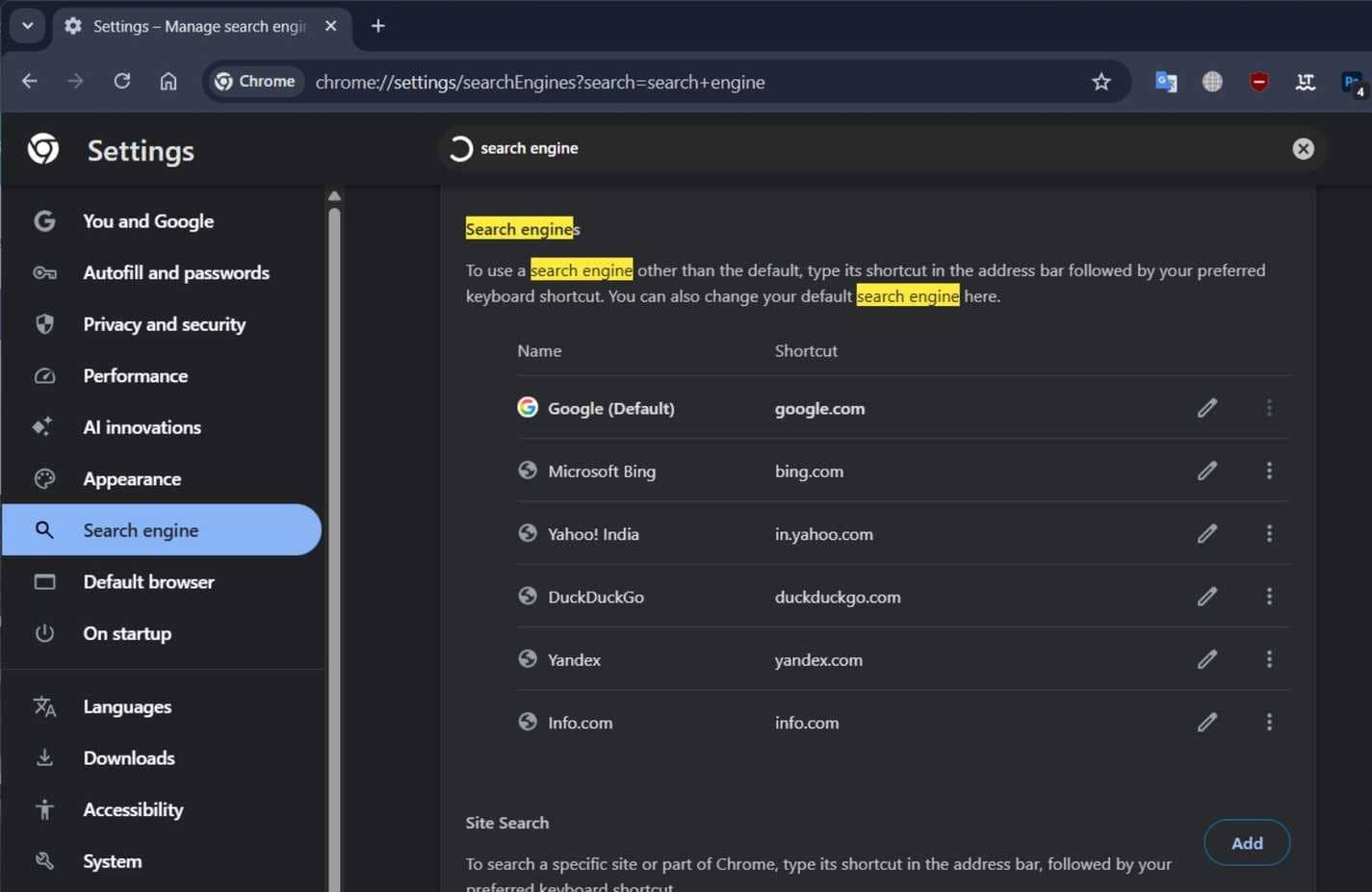 Impostazioni di Google Chrome con risultati di ricerca visualizzati per il motore di ricerca