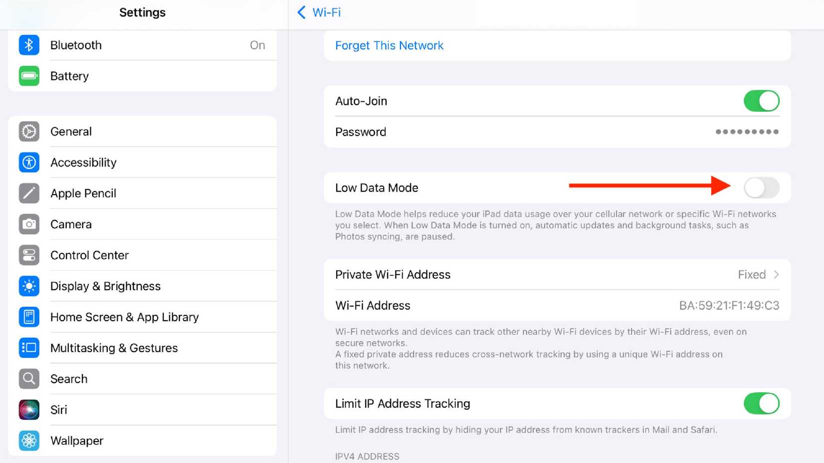 Impostazioni Wi-Fi con modalità dati ridotti abilitata su iPad