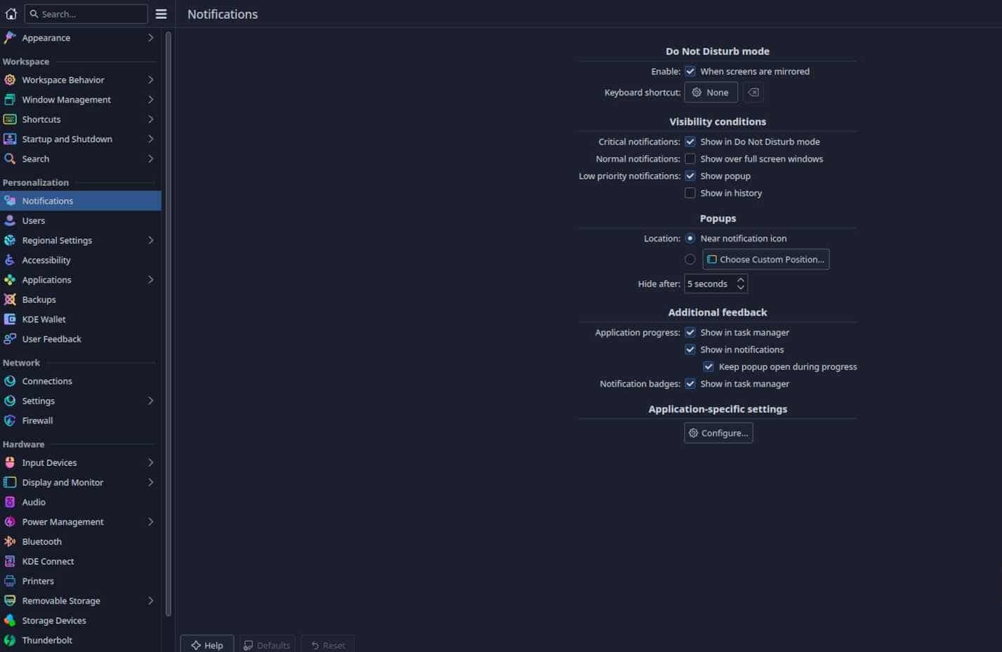 KDE ayarları penceresi.