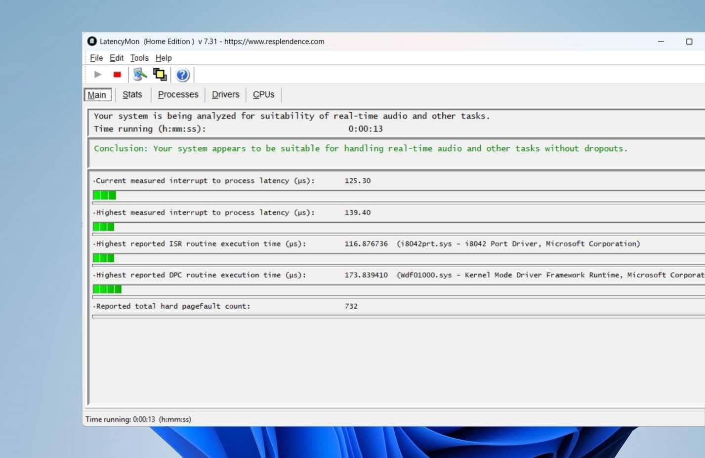 La scheda principale di LatencyMon mostra i risultati dell'idoneità audio in tempo reale del sistema e della latenza di interruzione-elaborazione su Windows 11.