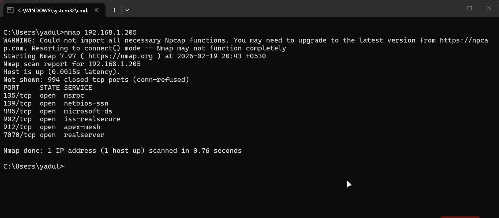 فحص nmap مع منافذ مفتوحة على Windows.