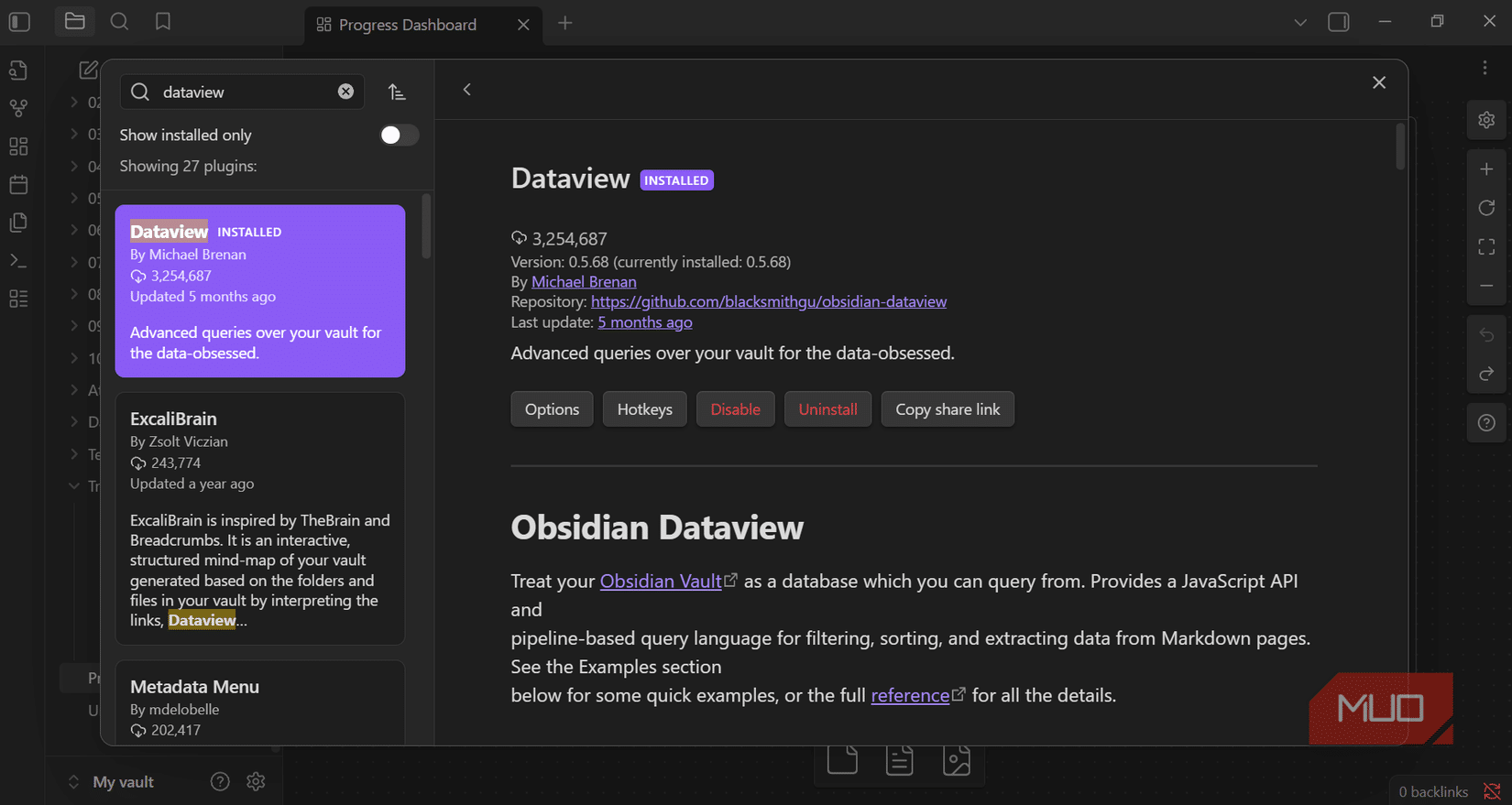 Dataview from Obsidian community plugins