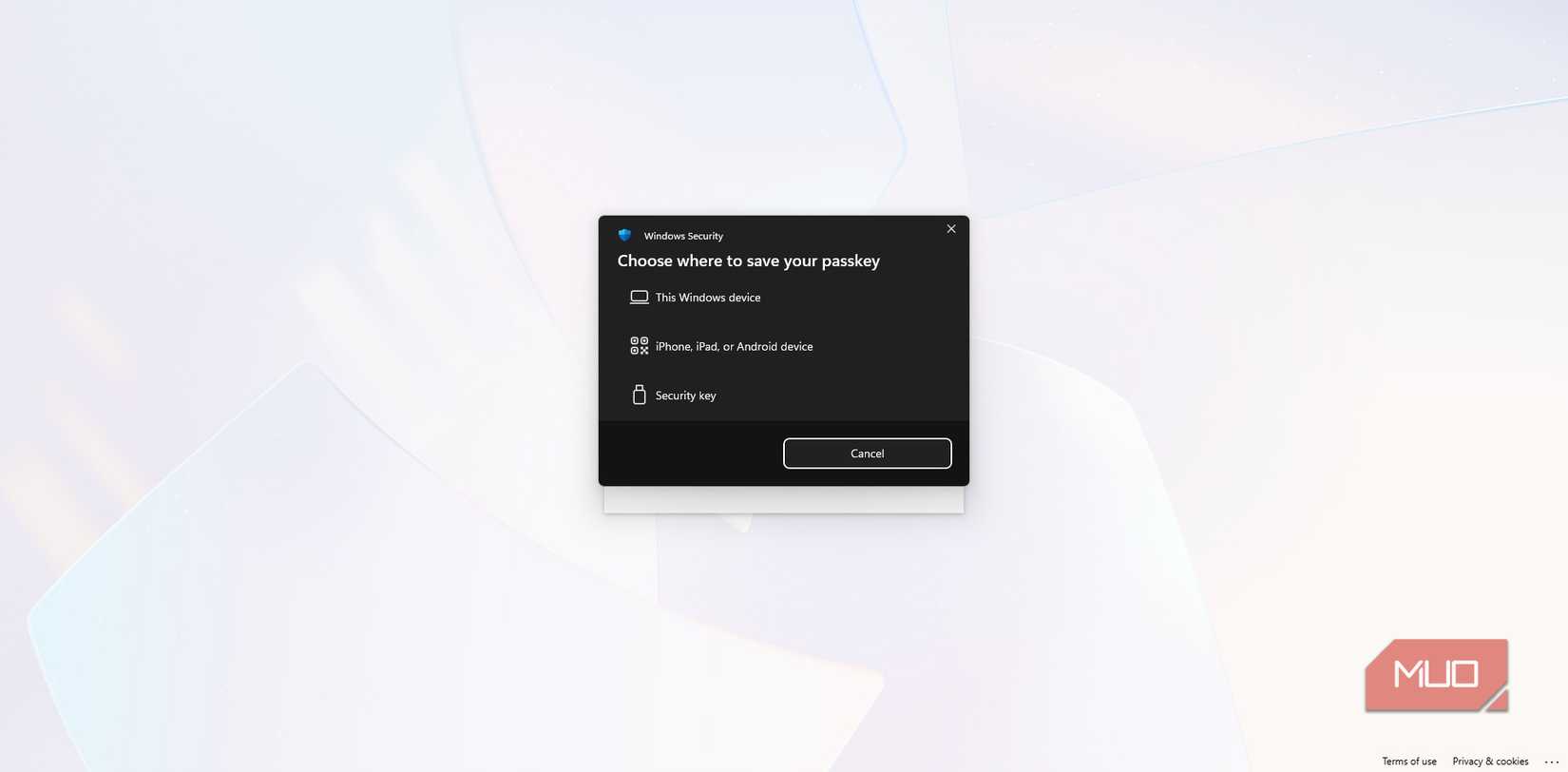 خيار حفظ مفتاح المرور في مفتاح أمان لحساب Microsoft