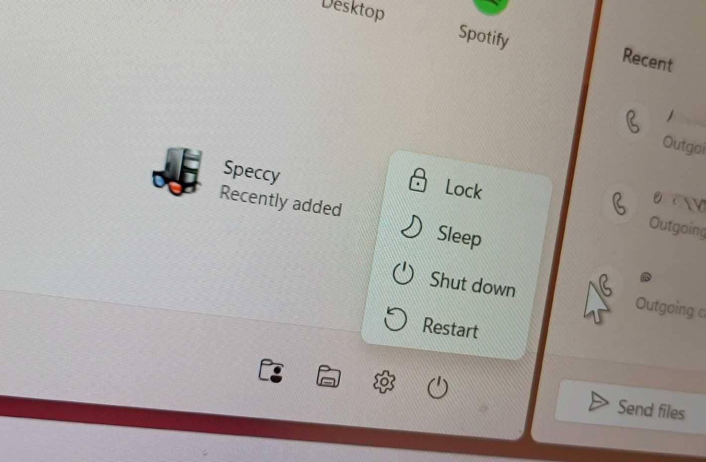 Menú de energía en Windows 11