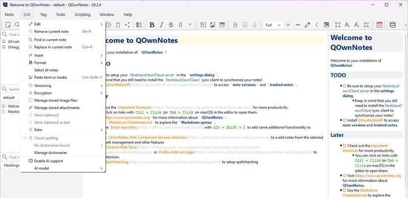 خيارات التحرير في QOwnNotes