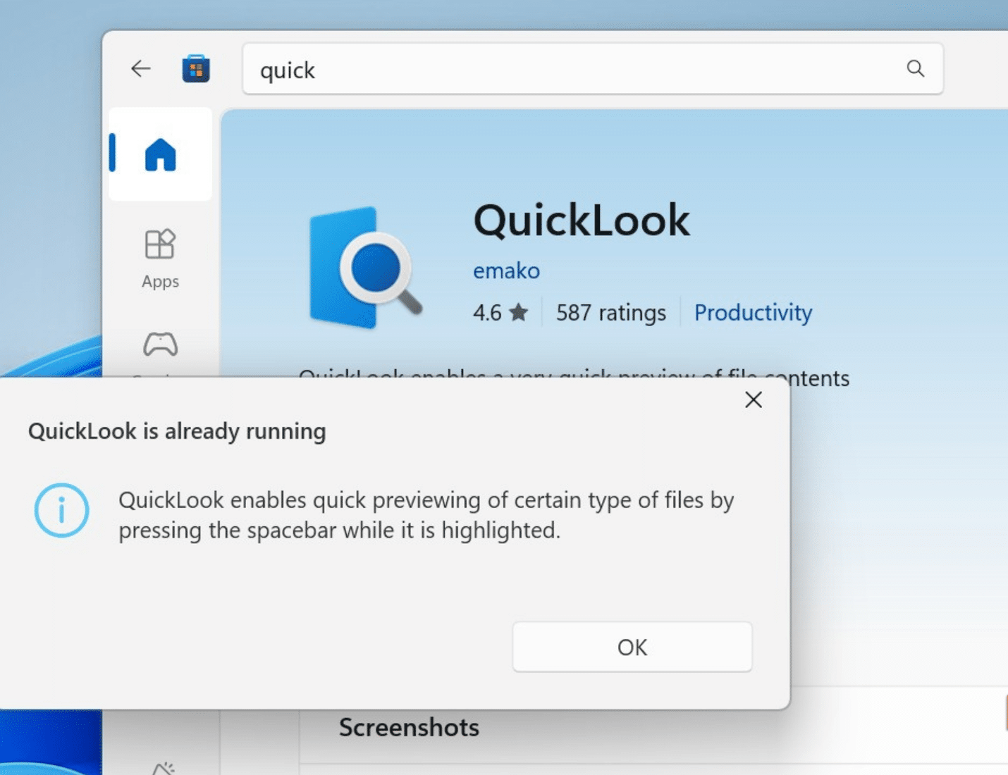 QuickLook è già in esecuzione pop-up su Windows 11