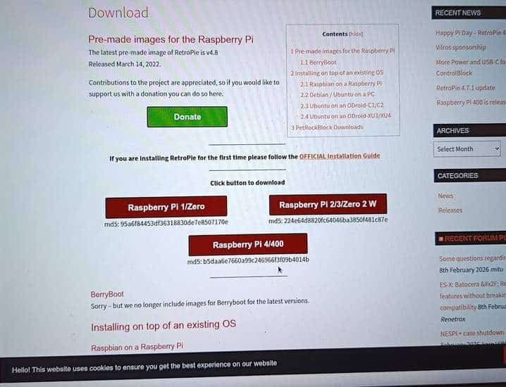 Pagina di download di RetroPie.