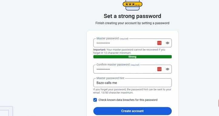 Impostazione di una password principale complessa per Bitwarden