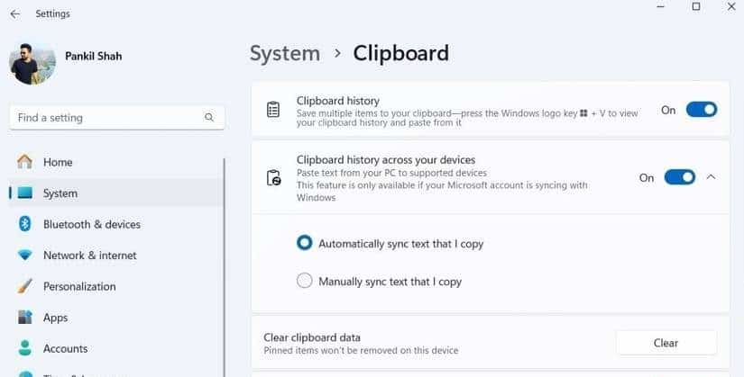 Windows 11 設定應用程式中的「跨裝置同步剪貼簿歷史記錄」選項