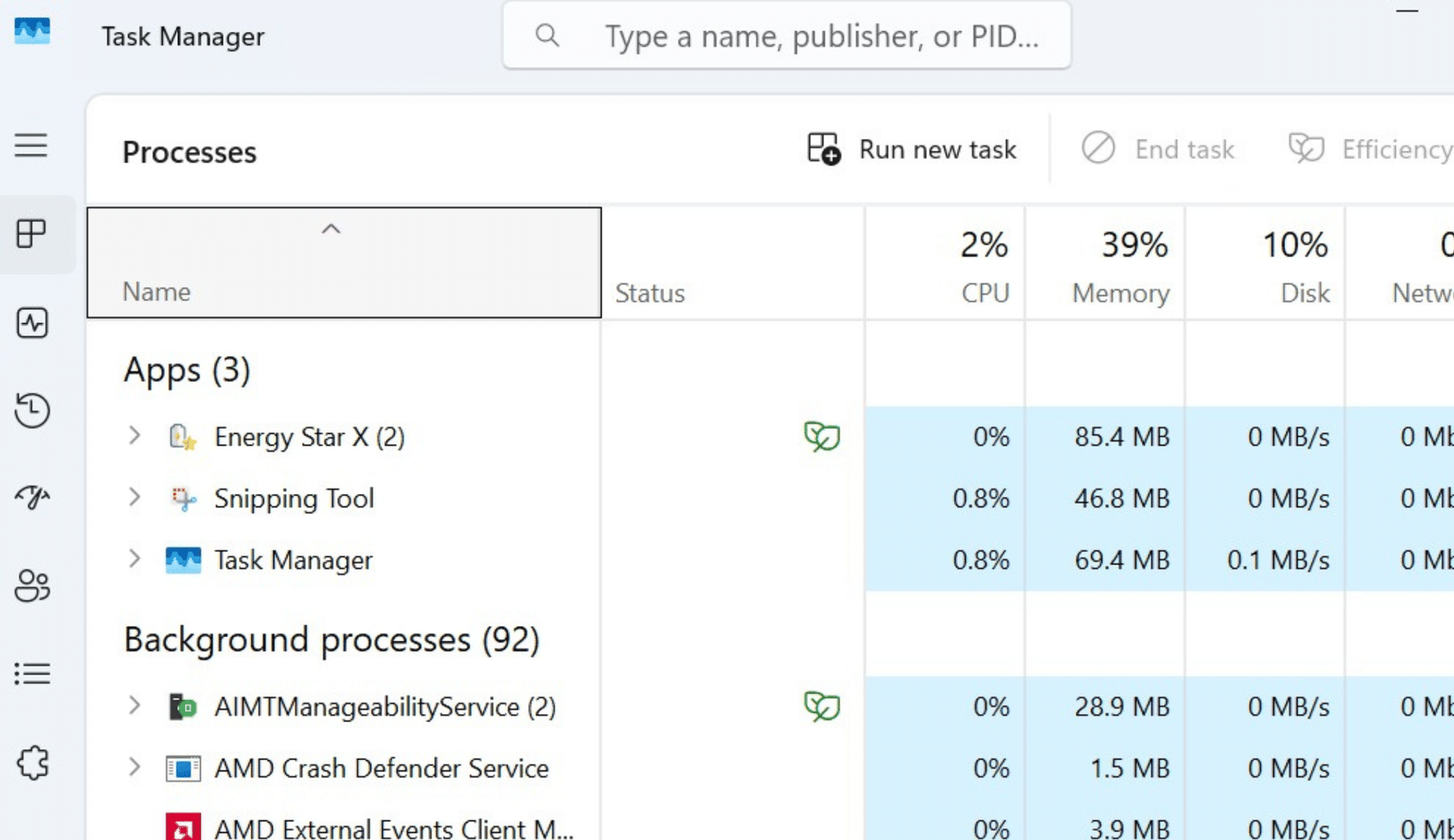Task Manager opened on Windows