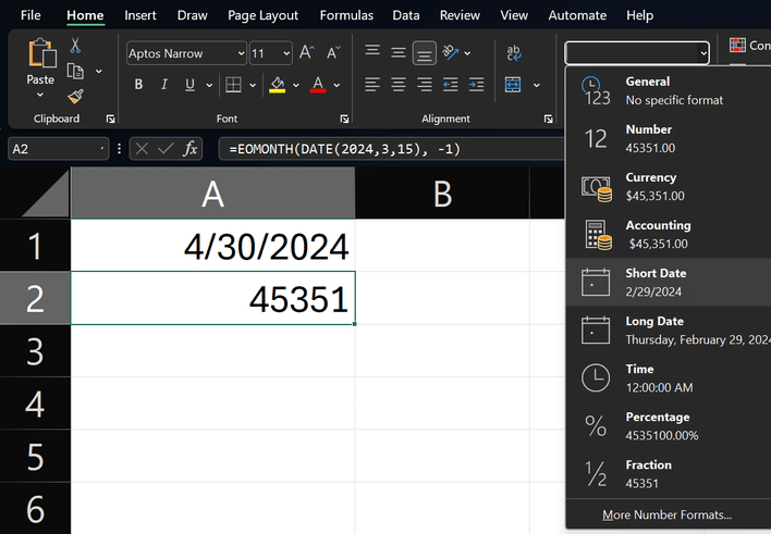 دالة EOMONTH في Excel مع إظهار القائمة المنسدلة لتنسيق الأرقام.