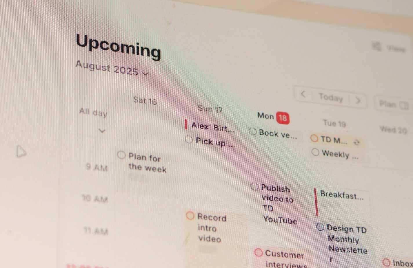 Visualizzazione del calendario Todoist.