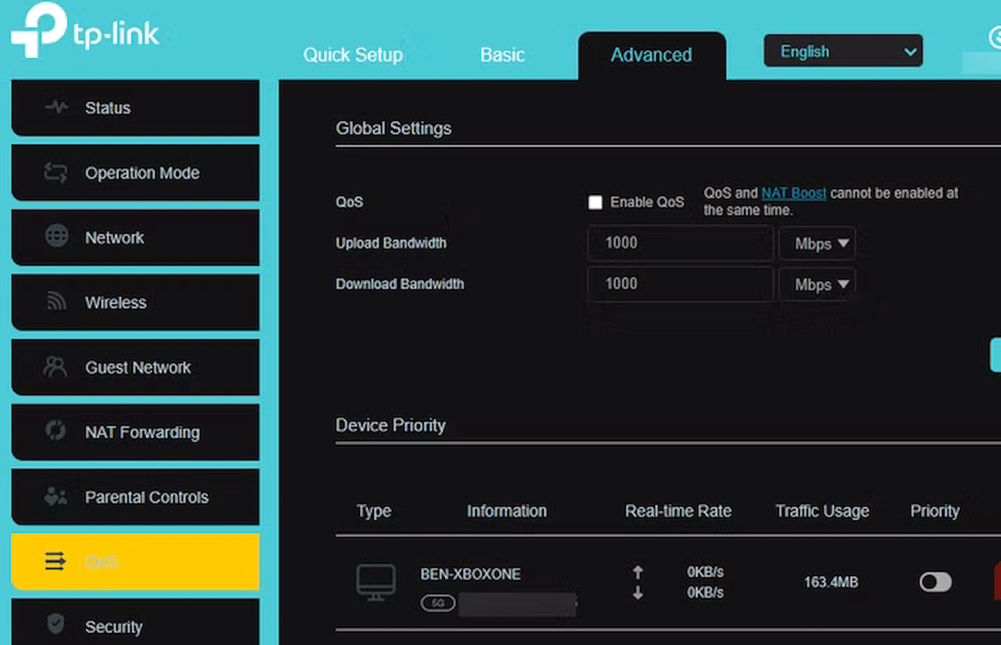 TP-Link QoS-Optionen.
