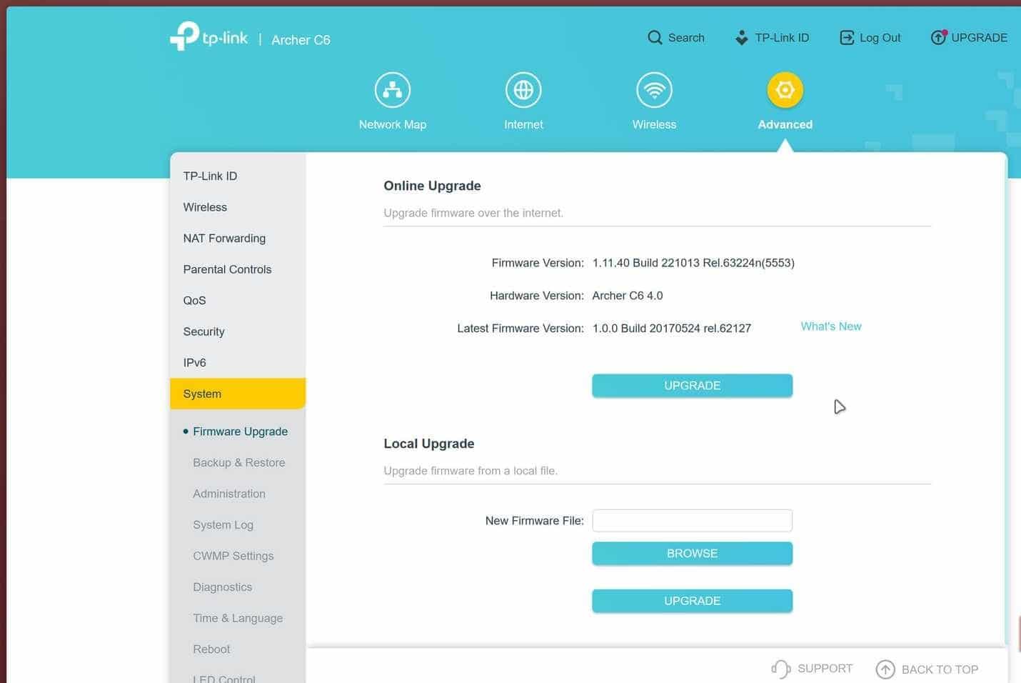 TP-Link路由器韌體升級頁面。