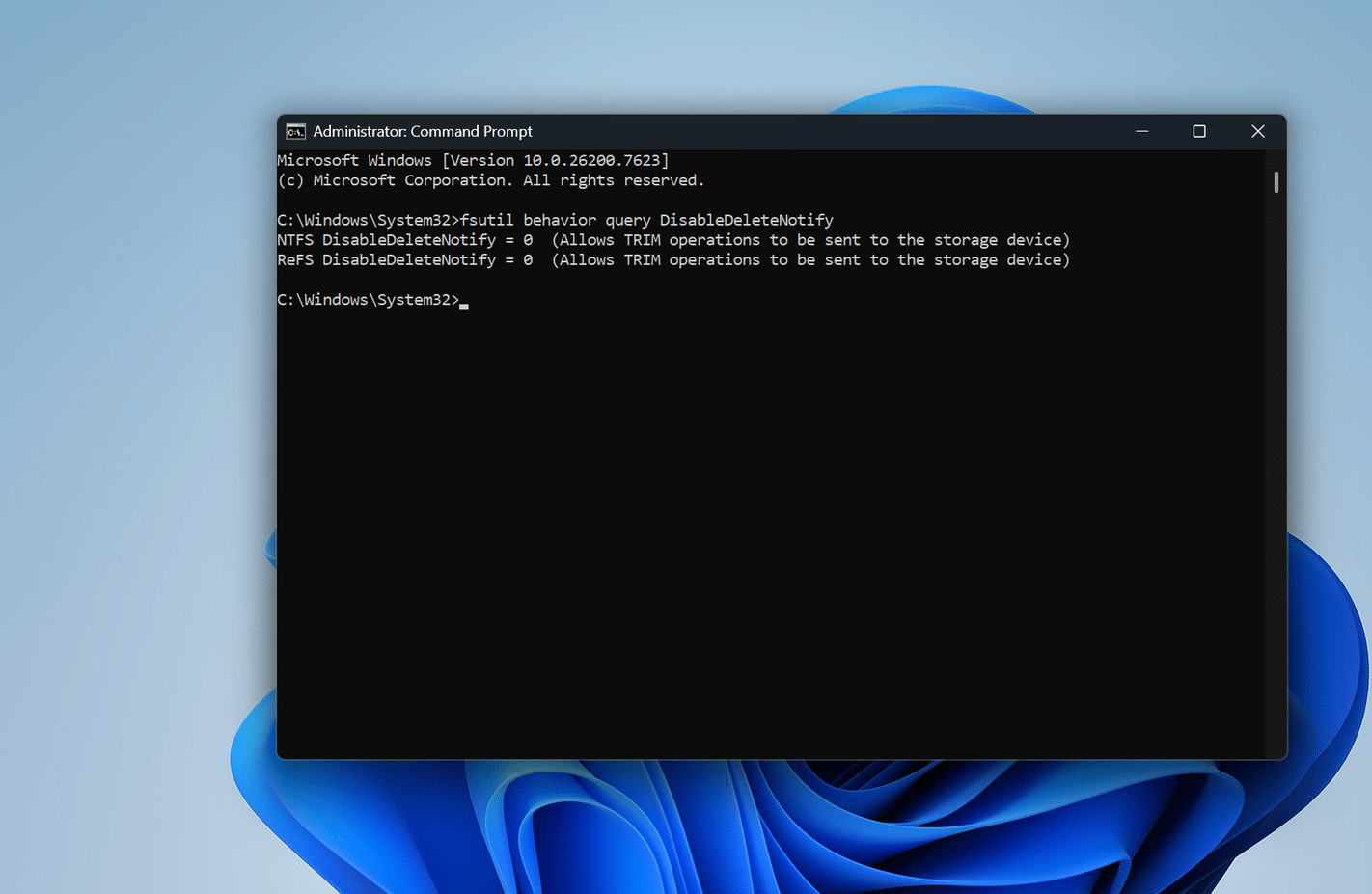 أمر TRIM في موجه أوامر Windows.